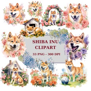 Akwarela shiba inu clipart, stojący, śpiący, baw się z dziećmi, kwiaty, cyfrowy clipart, png 300 DPI, natychmiastowe pobranie do użytku komercyjnego