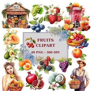 Könnte beinhalten: Ein digitaler Clipart-Satz mit 40 Früchten und Beeren, darunter Erdbeeren, Blaubeeren, Himbeeren, Brombeeren, Kirschen, Trauben, Pfirsiche, Aprikosen, Melonen, Granatäpfel, Kokosnüsse und Avocados. Der Clipart ist im Aquarellstil gehalten und perfekt für die Verwendung in digitalen Projekten.