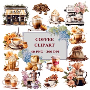 Könnte beinhalten: Eine Sammlung von Kaffeeclipart-Bildern, darunter Kaffeetassen, Kaffeebohnen, Kaffeemaschinen und Blumen. Die Bilder sind im Aquarellstil gehalten und eignen sich perfekt für die Verwendung in digitalem Scrapbooking, Kartenherstellung und anderen Bastelprojekten. Der Text "COFFEE CLIPART 40 PNG - 300 DPI" wird in der Mitte des Bildes angezeigt.