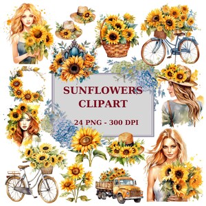 Watercolor sunflower clipart, woman with sunflowers, sunflower floral bouquets, sunflower bike, 300 DPI, instant download for commercial use