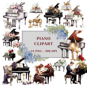 Imágenes prediseñadas de piano de acuarela, piano con flores y rosas, libro de música, velas, imágenes prediseñadas digitales, png 300 DPI, descarga instantánea para uso comercial
