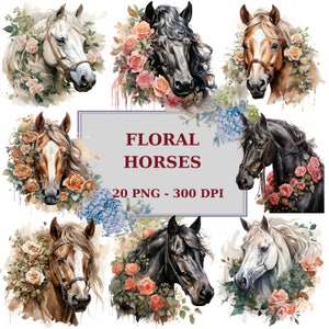 Clipart de cavalos florais em aquarela, cavalos brancos, pretos e marrons com flores, clipart digital, 300 DPI, download instantâneo para uso comercial