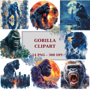 14 Aquarell Gorilla stehend & schreiend Clipart, King Kong der Film, digitale Clipart, 300 DPI, sofortiger Download für kommerzielle Nutzung-Set 2