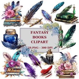 Fantasy books clipart, book stacks with jewellery, feathers and flowers, pen, digital clipart, 300 DPI , instant download for commercial use