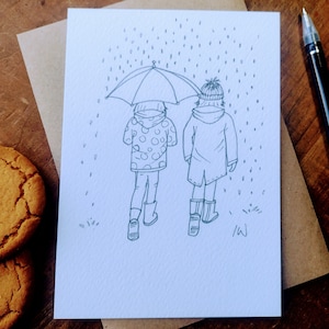 Carte postale individuelle Aventures pluvieuses pour enfants, impressions à partir d'illustrations dessinées à la main par un artiste et illustrateur professionnel.