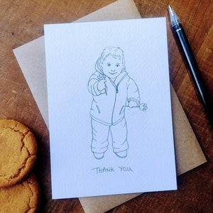 Carte postale de remerciement, imprimée à partir d'illustrations dessinées à la main à la plume et à l'encre représentant un tout-petit tenant des fleurs par un artiste et illustrateur professionnel.