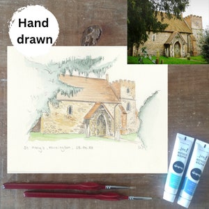 以下が含まれることがあります： 茶色の屋根と石の壁を持つ教会の建物を描いた手描きの水彩画。教会は緑の木々と草に囲まれています。絵は「183」と署名され、「25.04.83」と日付が記されています。「St Mary's, Nackington」というテキストが絵の下に書かれています。