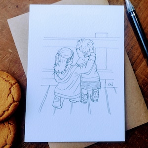 Carte postale unique d'aventures pour enfants sur un pont, impressions à partir d'illustrations dessinées à la main par un artiste et illustrateur professionnel.
