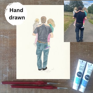 Padre e figlio Disegnati a mano e dipinti dalla tua fotografia. Illustrati da un artista professionista. Catturare un momento in una bellissima arte.