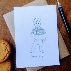 Carte postale de remerciement, tirages d'illustrations dessinées à la main à la plume et à l'encre d'un enfant avec des fleurs par un artiste et illustrateur professionnel.