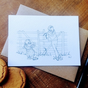 Carte postale individuelle d'aventures à la campagne pour enfants, impressions à partir d'illustrations dessinées à la main par un artiste et un illustrateur professionnels.