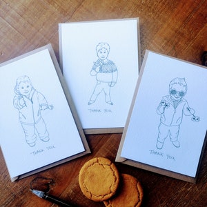 Lot de 6 cartes postales de remerciement pour enfants, impressions à partir d'illustrations dessinées à la main à la plume et à l'encre par un artiste et illustrateur professionnel.