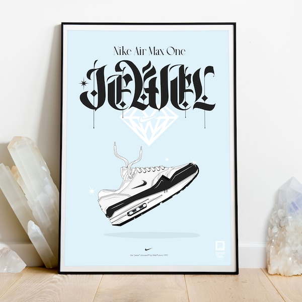 Póster de zapatillas Nike Air Max 1 Jewel, ilustración de alta calidad de arte de pared con impresión A3 / Negro / Blanco / Swoosh / Hypebeast / Lettering / Stone