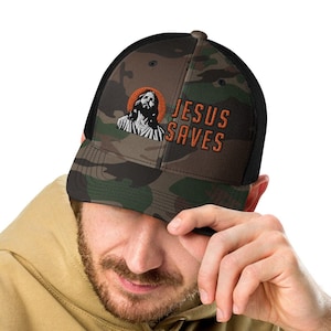 Jesus Saves Camo Trucker Hat; embroidered in orange, black, and white; Christian Streetwear