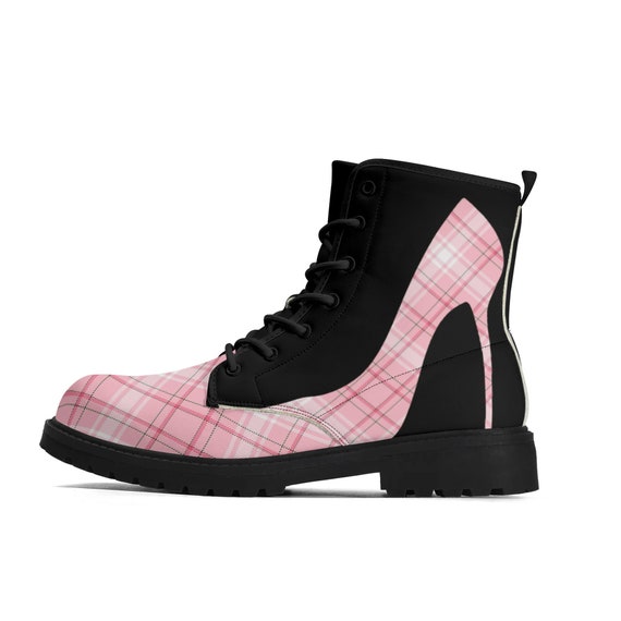 Pink Plaid Stiletto Style Women s Boots Etsy UK