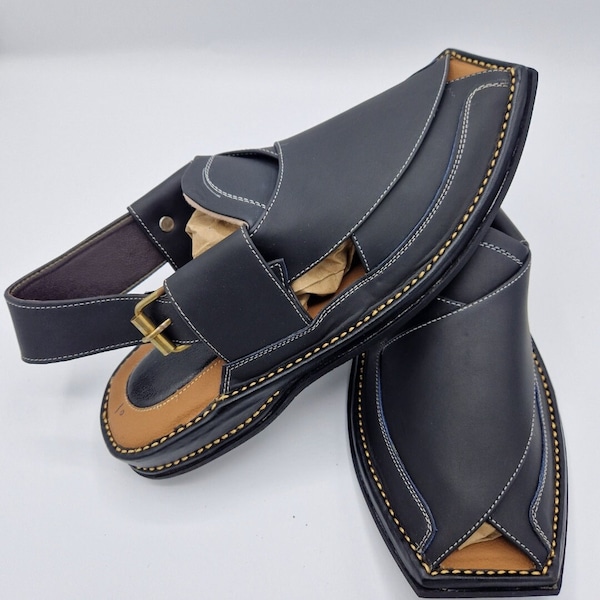 Men's original Handmade Leather Traditional Peshawari Chappal/Sandal Premium Quality sole Black UK size 7,8,9,10,11.