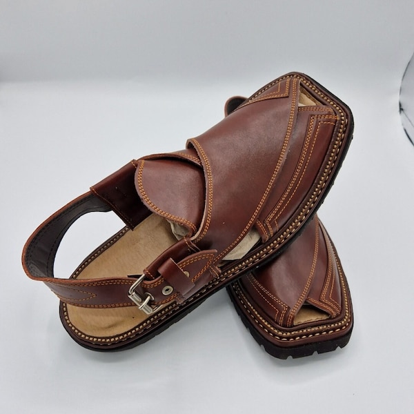 Men's original Handmade Leather Traditional Peshawari Chappal/Sandal Premium Quality sole kaptan style maroon UK size 8,9,10,11.