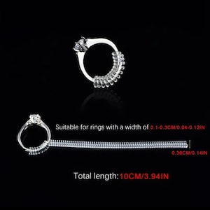 May include: Clear ring size adjuster with a total length of 10 inches. Suitable for rings with a width of 0.04 to 0.12 inches.