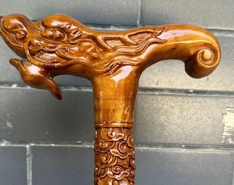 Wooden Walking Stick Cane Mahogany Handcrafted,  Natural Gift, China Boxwood wood carve longevity Dragon Walking Cane for Man or woman DE456