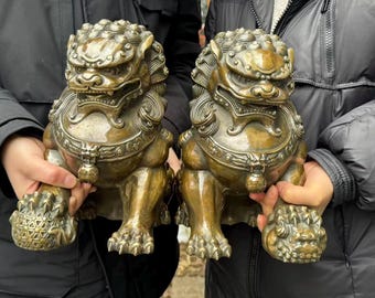 Un par de grandes estatuas de leones de cobre Feng Shui, perros Foo, leones guardianes, animales, adornos de mesa para oficina, regalo de inauguración de casa.