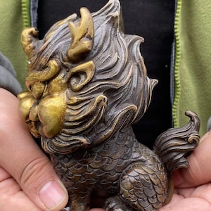 Copper Feng Shui Chi Lin QiLin statue,Foo-Dogs Lion Temple Guardian pixiu beast blessing fortune wealth dragon unicorn Pi Yao Figurine gift. image 7