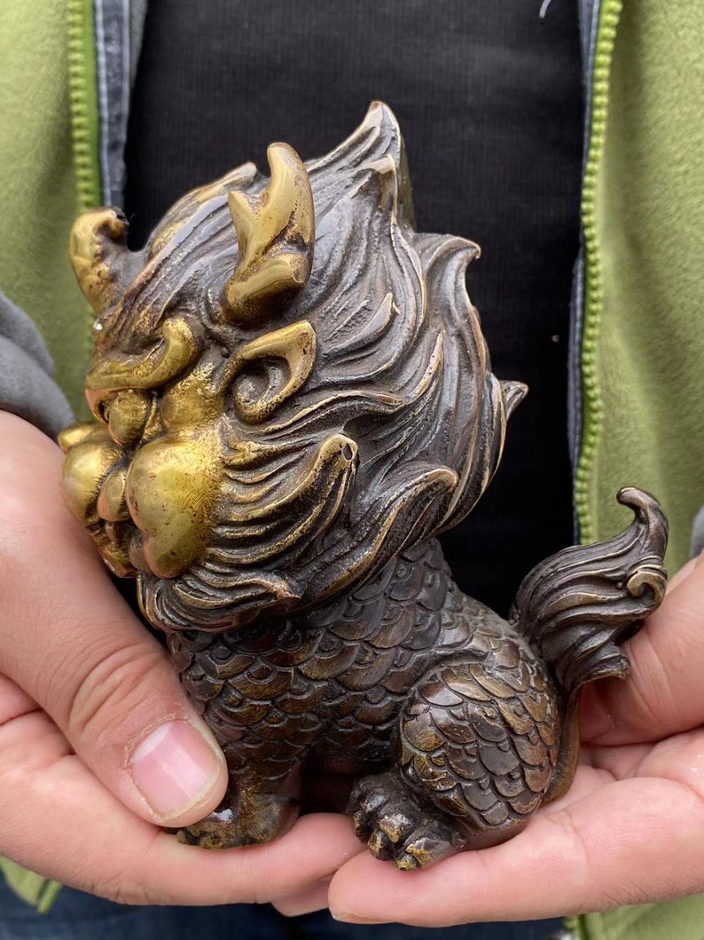 Copper Feng Shui Chi Lin QiLin statue,Foo-Dogs Lion Temple Guardian pixiu beast blessing fortune wealth dragon unicorn Pi Yao Figurine gift. image 7