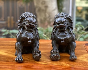 Pair Copper Mini Foo-Dogs Sculpture Antiqued Ornaments Wealth Lion Statue Fengshui Decoration Miniature Animal  lucky success pixiu Statue.