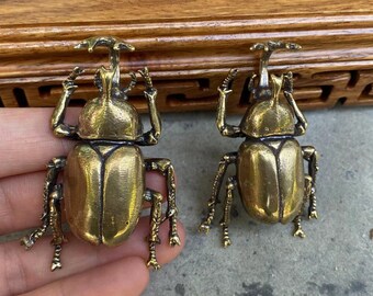 2 pieces Solid Copper Simulation Beetle tank decor BrassTaurus Insect Miniature Figurines,Long Horn Bug Desk Decoration craft Brass TeaDE003