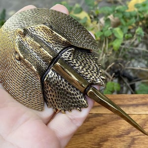 Puede incluir: Una detallada escultura de color bronce de un cangrejo herradura. La escultura presenta un caparazón texturizado, un cuerpo segmentado y una larga cola puntiaguda. La pieza se sostiene en una mano, con un fondo verde borroso.