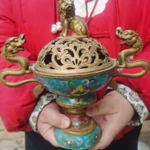 Enamel Metal pixiu Incense Burner With Lid Unique Incense holder Tibet culture copper Ash catcher Incensory Antique Cone Coil Holder .min115