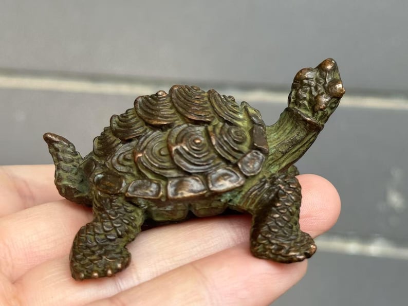 May include: A small, bronze-colored turtle figurine. The turtle has a detailed shell with concentric circles and textured skin. Its head and legs are visible, and the figurine is held in a hand.