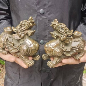 Pair Copper Feng Shui  pixiu Dragon statue,Foo-Dogs Lion Temple Guardian pixiu beast blessing fortune wealth unicorn Pi Yao Figurine  min13