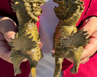 Pair Copper Brass Fengshui Animal Kylin Qilin Beast Wealth Bixie