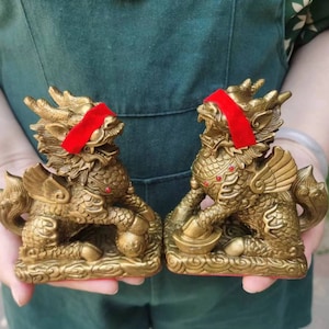 Pair Copper Feng Shui  pixiu Dragon statue,Foo-Dogs Lion Temple Guardian pixiu beast blessing fortune wealth unicorn Pi Yao Figurine  min16