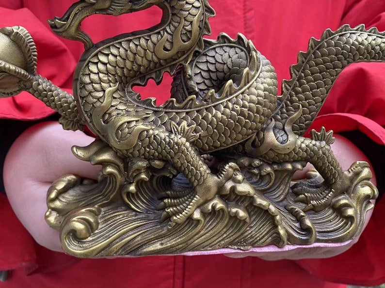 DE0151 2024 Chinese New Year Dragon Statue Brass Copper Dragon animal Figurine Office Desk Feng Shui Decor Royal Golden Loong wealth beast image 10