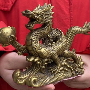 DE0151 2024 Chinese New Year Dragon Statue Brass Copper Dragon animal Figurine Office Desk Feng Shui Decor Royal Golden Loong wealth beast image 1