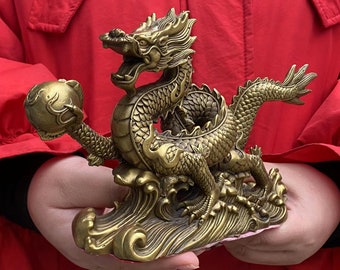 DE0151 2024 Chinese New Year Dragon Statue Brass Copper Dragon animal Figurine Office Desk Feng Shui Decor Royal Golden Loong wealth beast