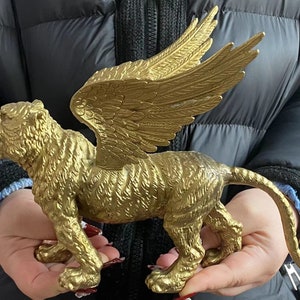 Mythological Copper Winged Tiger Figurine statue,Brass Big Cat Sculpture Home Decor Ornament,Golden Dragon hand painted tabletop Office gift