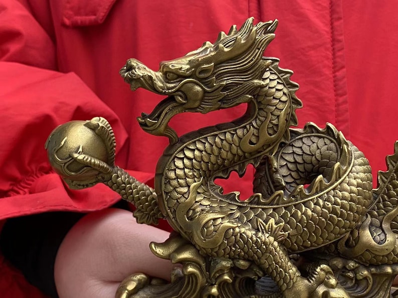 DE0151 2024 Chinese New Year Dragon Statue Brass Copper Dragon animal Figurine Office Desk Feng Shui Decor Royal Golden Loong wealth beast image 8