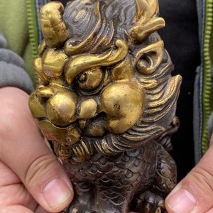 Copper Feng Shui Chi Lin QiLin statue,Foo-Dogs Lion Temple Guardian pixiu beast blessing fortune wealth dragon unicorn Pi Yao Figurine gift. image 6