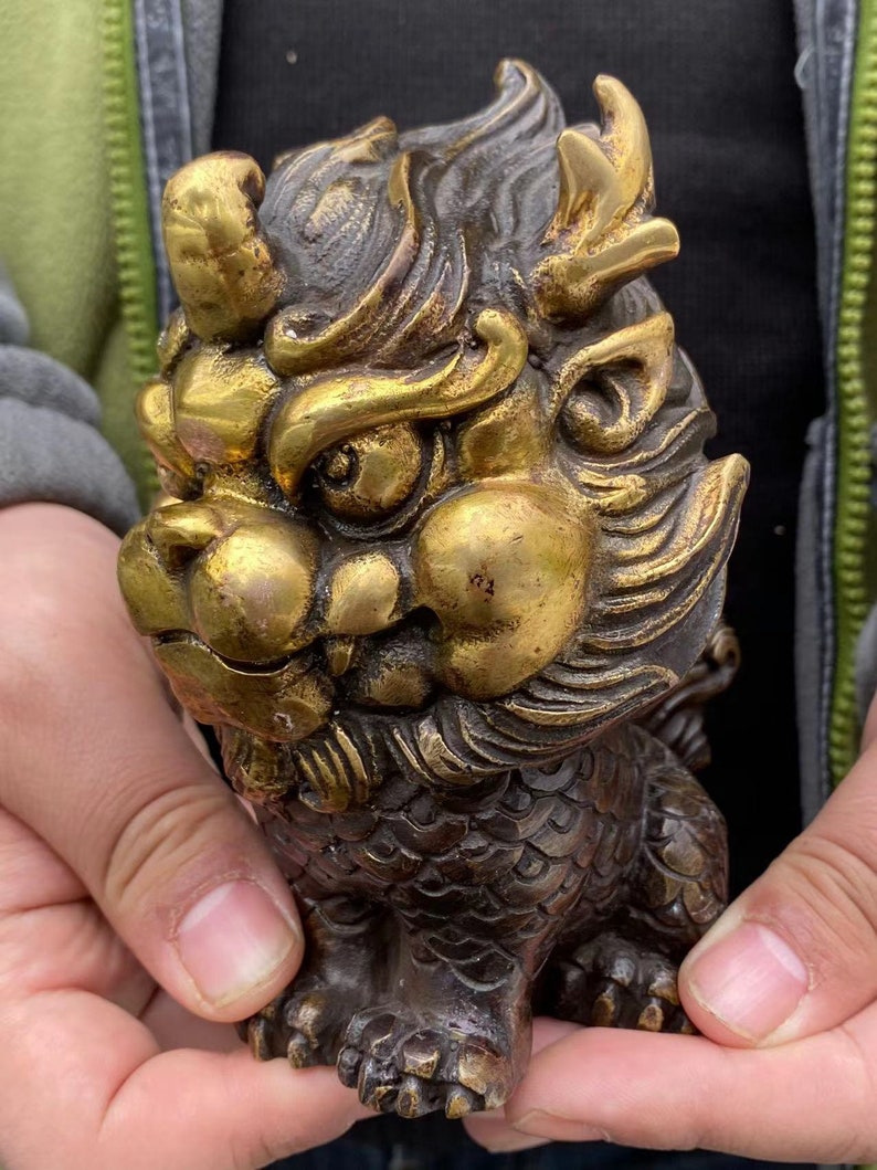 Copper Feng Shui Chi Lin QiLin statue,Foo-Dogs Lion Temple Guardian pixiu beast blessing fortune wealth dragon unicorn Pi Yao Figurine gift. image 6