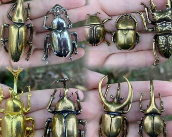 9Pcs/Set Solid Copper Simulation Beetle Decorations Brass Taurus Insect Miniature Figurines, Long Horn Bug Desk Decoration Crafts Ornaments