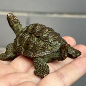 May include: A detailed bronze turtle figurine with a textured shell and detailed legs and head. The turtle is a dark green color with bronze highlights. The figurine is approximately 4 inches long.