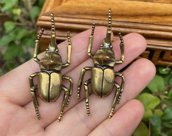 2 pieces Solid Copper Simulation Beetle tank decor BrassTaurus Insect Miniature Figurines, Long Horn Bug Desk Decoration Gift Brass Tea Pets