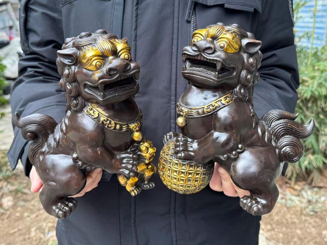A Pair Copper Lion Statue Feng Shui Decor Kirin Pi Yao, Wealth Lion ...