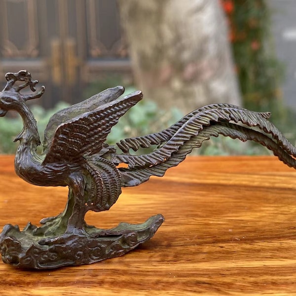 Copper Phoenix Sculpture Antiqued Golden Ornaments Fengshui Decoration Miniature Animal Wealth lucky success Home Feng Shui Decoration Gift