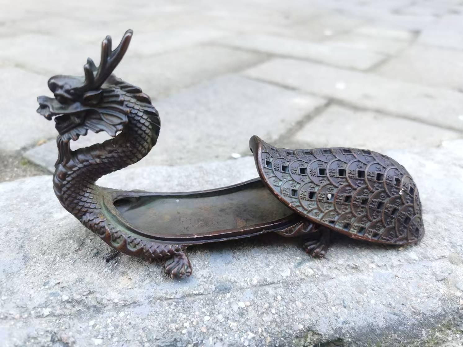 Vintage Copper Dragon Turtle Censer Incense Burner Fengshui Dragon