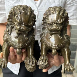 Pair big Fengshui copper Fu Foo Dogs Guardian Lion Statues Animals Tabletop Office ornaments Housewarming Opening gift  unicorn qilin DE475