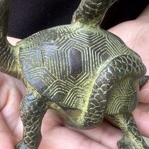 May include: A detailed bronze turtle figurine with a textured shell and intricate patterns. The sculpture has a weathered, antique appearance with green and brown tones. The turtle is held in a person's hands.