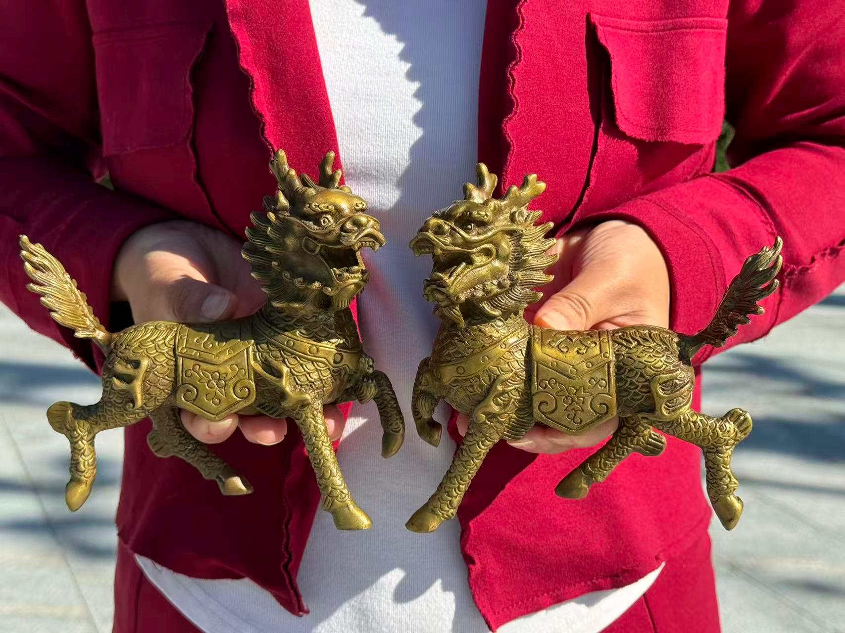 Pair Copper Brass Fengshui Animal Kylin Qilin Beast Wealth Bixie